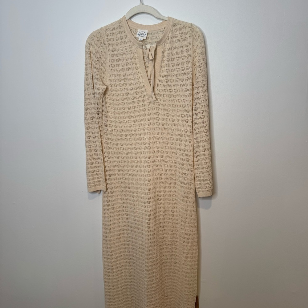 Women’s Cream Knit Cover Up Maxi Dresswith Tie Neck